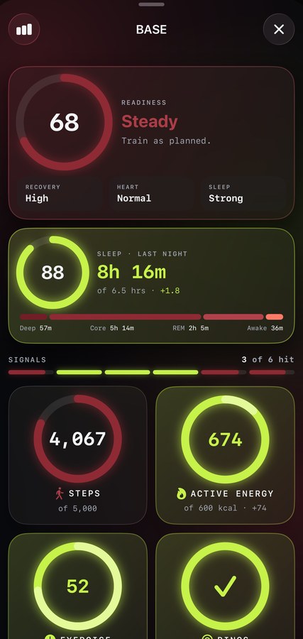 BASE in Sealed: one ring cut into your Apple Health signals, each lit as it lands