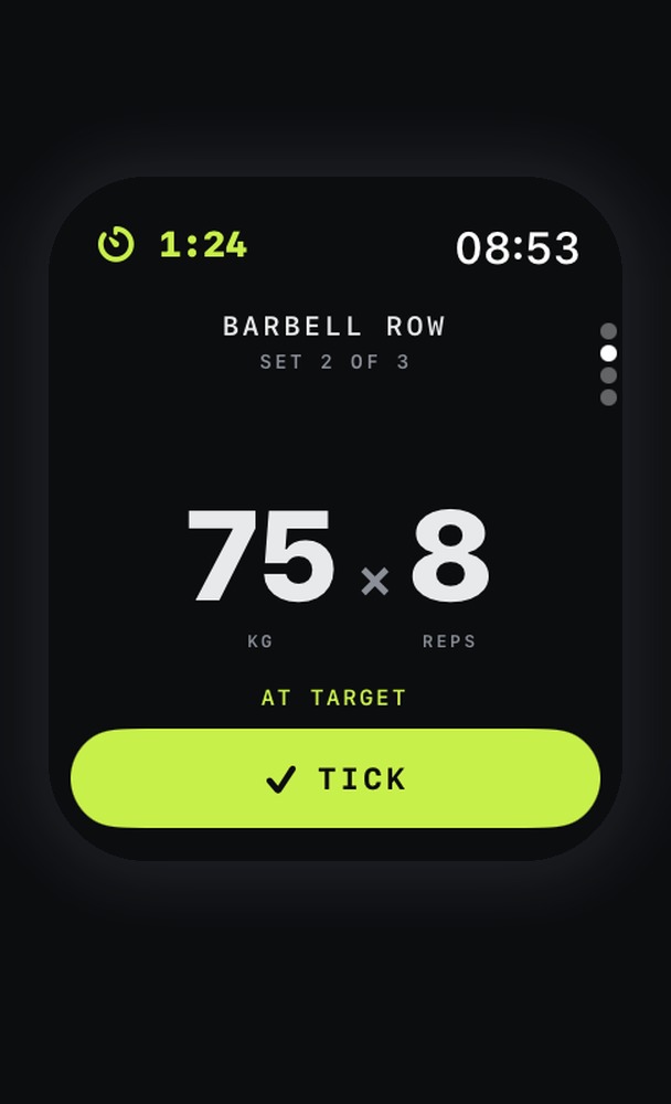 Sealed on Apple Watch: a rest counting down beside the clock, Barbell Row set 2 of 3, 75 kg by 8 reps, at target, and a tick button