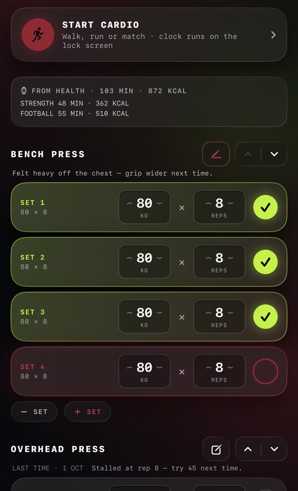 TRAIN on iPhone with the set on Apple Watch: 80 kg × 8, at target, tick